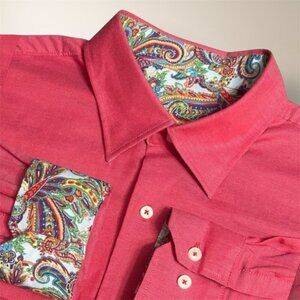 Alan Flusser Men's L Red Button Up Shirt Paisley Contrast Cuff Preppy Retro